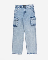Warning Clothing - Denimes Prewashed Non Stretch Cargo Loose Fit Straight Jeans | Hitam, Biru Muda