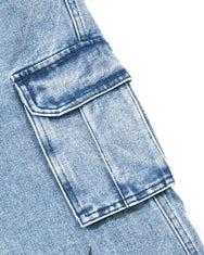 Warning Clothing - Denimes Prewashed Non Stretch Cargo Loose Fit Straight Jeans | Hitam, Biru Muda