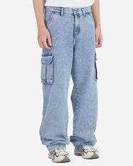 Warning Clothing - Denimes Prewashed Non Stretch Cargo Loose Fit Straight Jeans | Hitam, Biru Muda